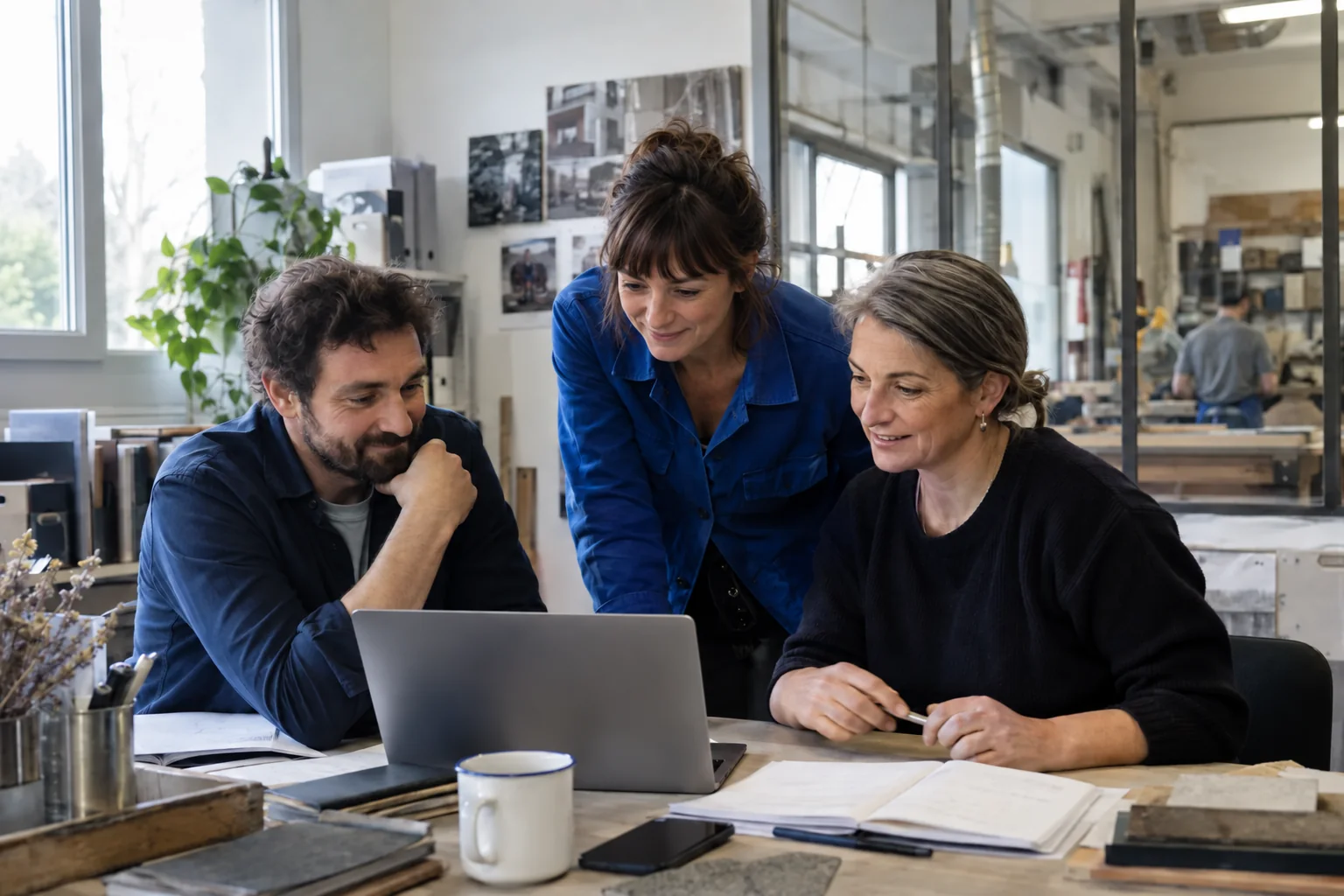 Trois collègues réunis autour d'un ordinateur dans un bureau attenant à un atelier