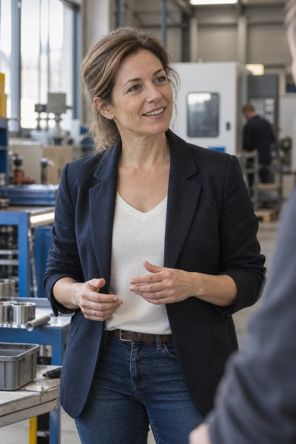 Une dirigeante échange avec un interlocuteur dans un atelier