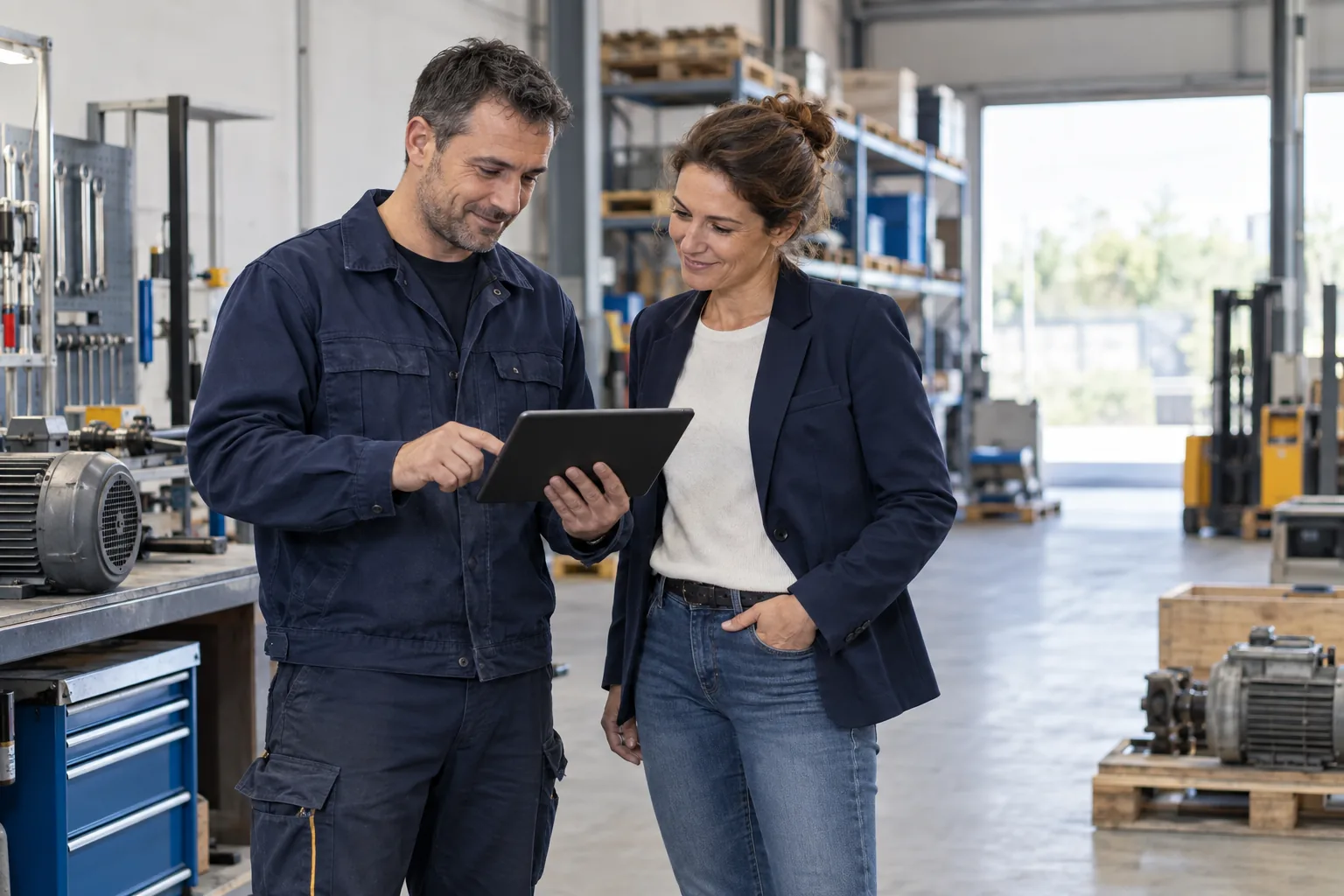 Une technicienne et un responsable consultent une tablette dans un atelier